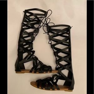 Flat Black Gladiator Lace-up Sandals